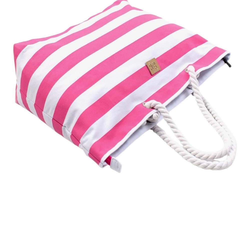 NWT Pink White Stripe Large Beach Travel Tote Rope Handles - Picture 3 of 4